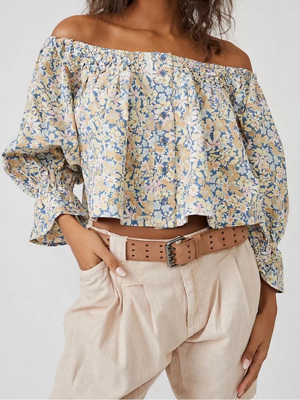 Free People James Smock Top Chambray Combo Floral Off Shoulder Crop Top M